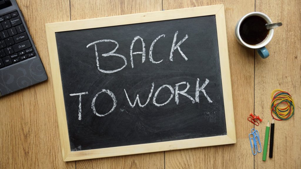 Chalkboard displaying the phrase 'Back to Work' alongside a cup of coffee and office supplies.