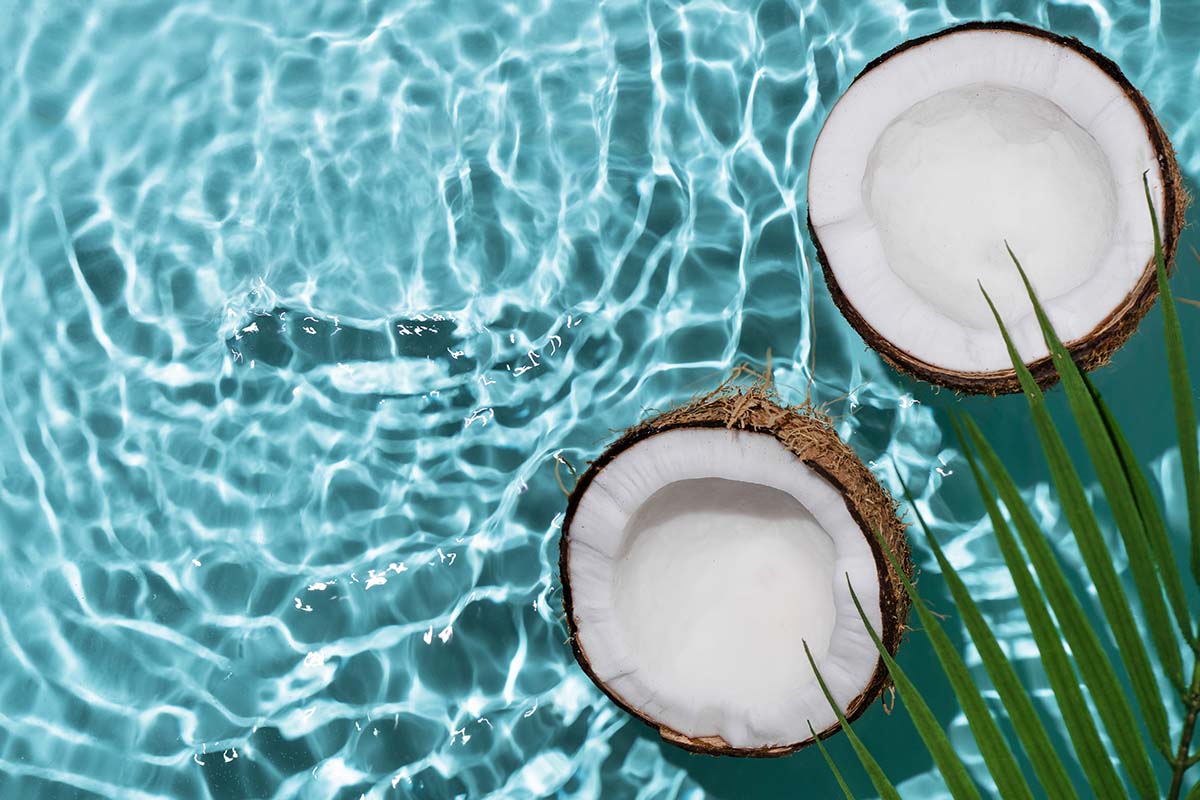 Halved coconuts floating on a clear water surface with ripples, showcasing the white coconut flesh.