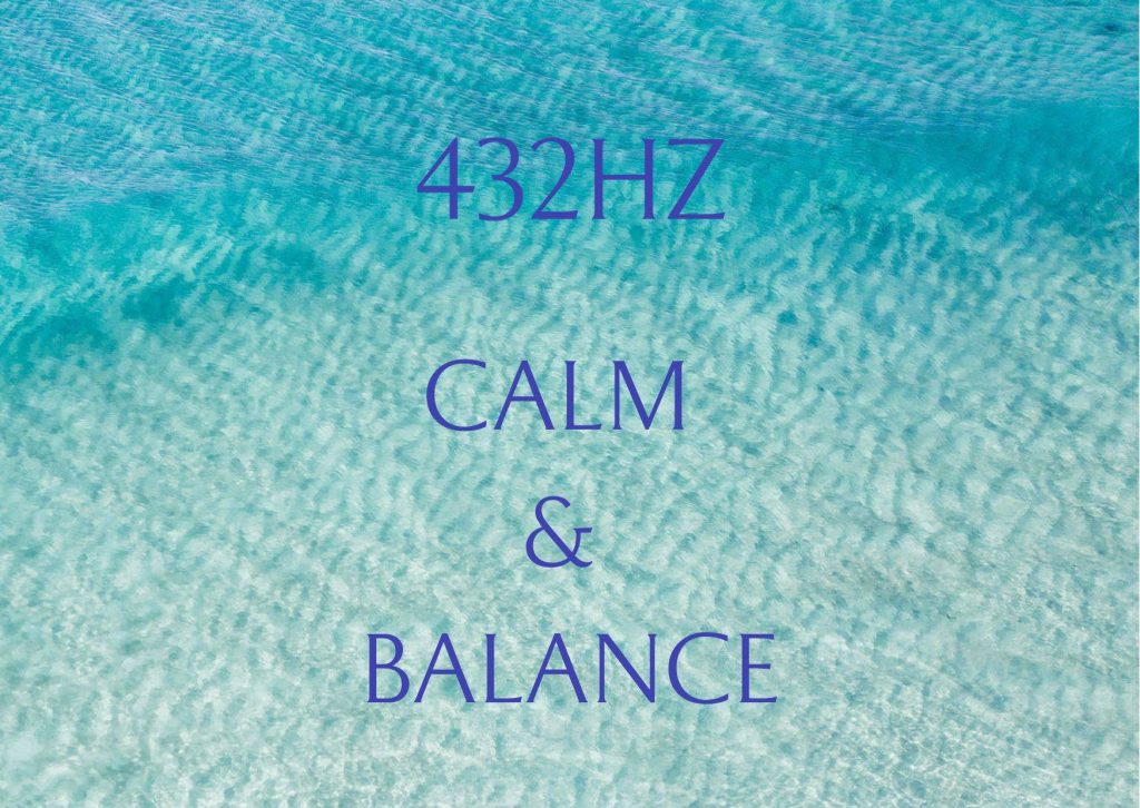 Text displaying '432HZ CALM & BALANCE' over a textured blue background, representing 4 High vibrations.