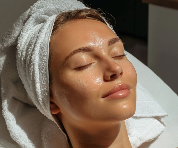 Woman relaxing during a facial treatment with a towel wrapped around her head and a glowing complexion.