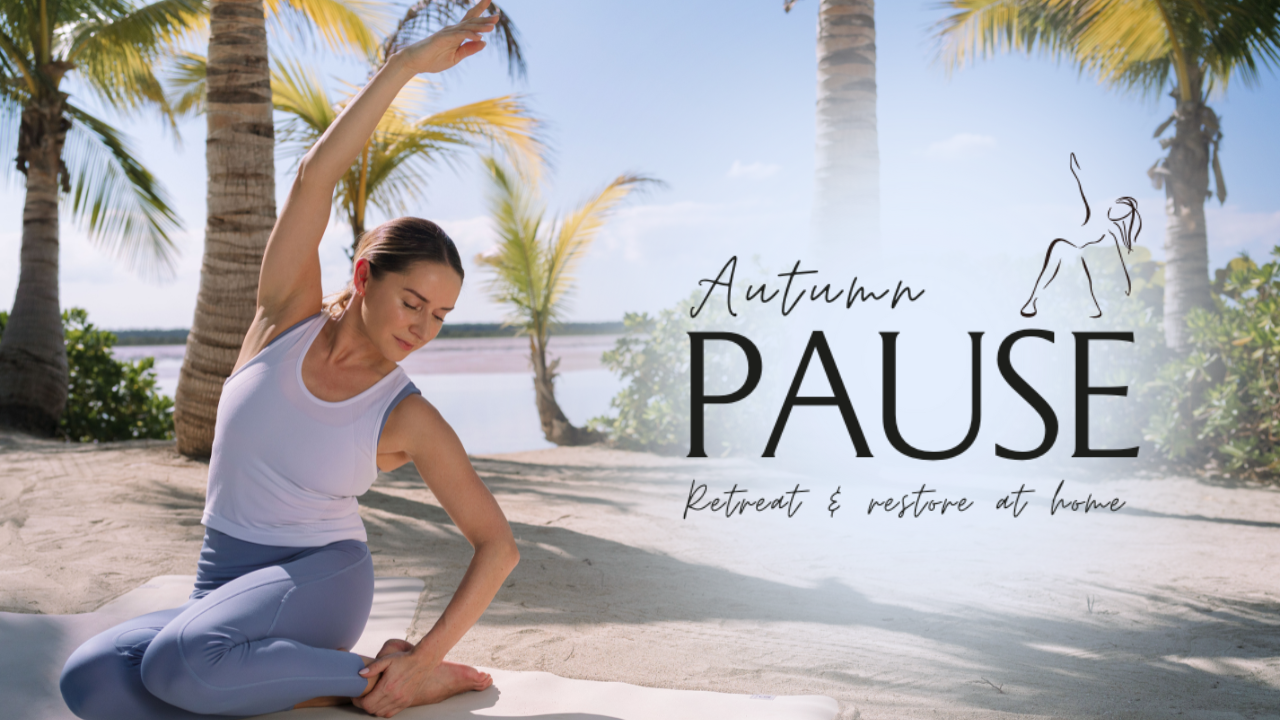 Woman performing a yoga pose on the beach with palm trees in the background, promoting relaxation and wellness.