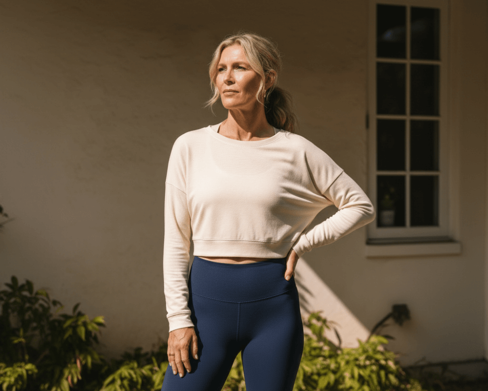 Woman wearing a cropped light-coloured top and navy leggings, posing outdoors with a confident expression.