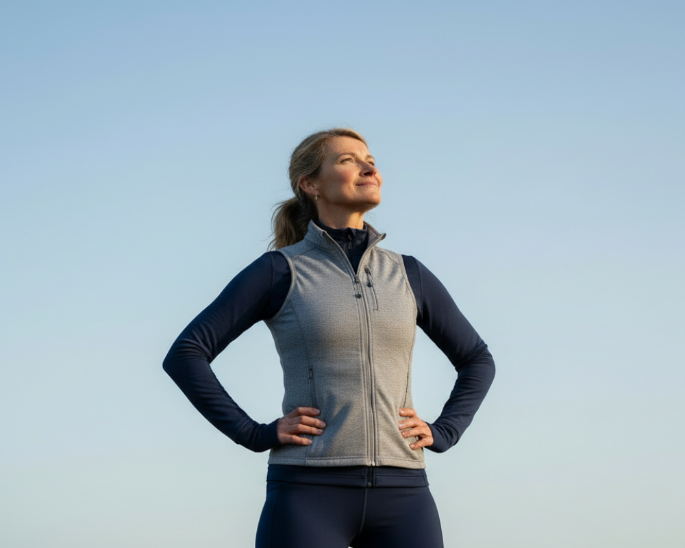 Woman wearing a grey vest and navy top, standing with hands on hips and looking upwards against a clear sky.