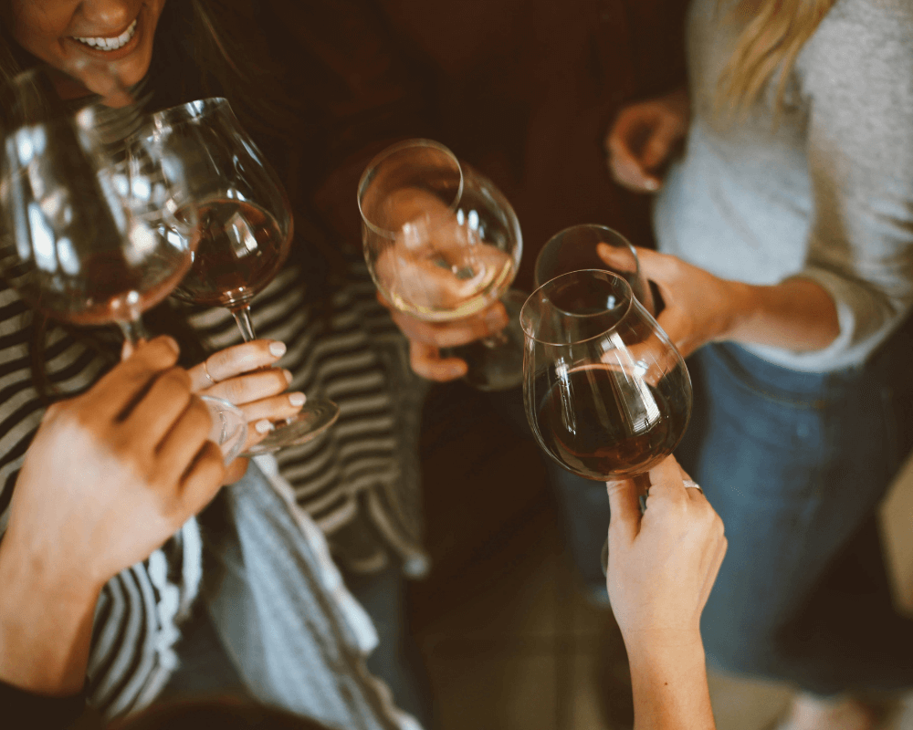 A group of people holding wine glasses in a toast, showcasing various types of wine in elegant glassware.