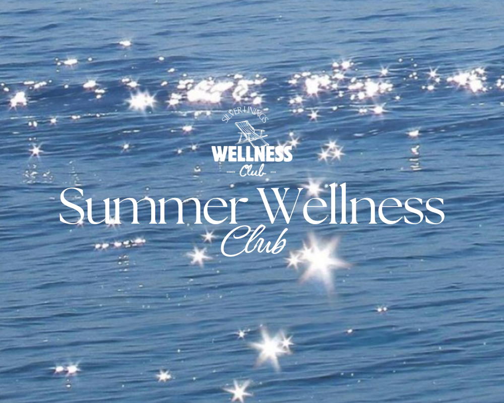 Summer Wellness Club over blue ocean water with sparkling light effects and Silver Linings branding, reflecting a summer wellness glow