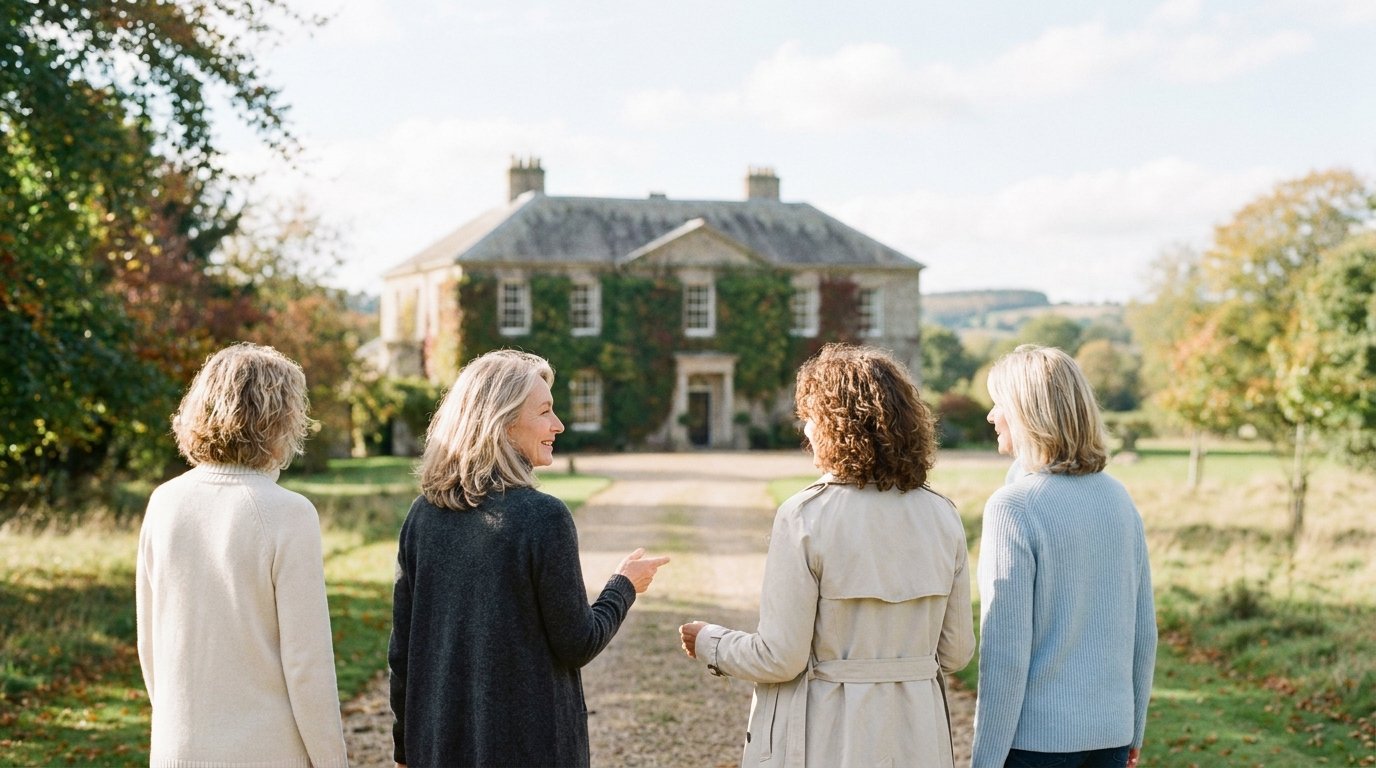 Friends walking back towards a manor house along a tree-lined path at golden hour