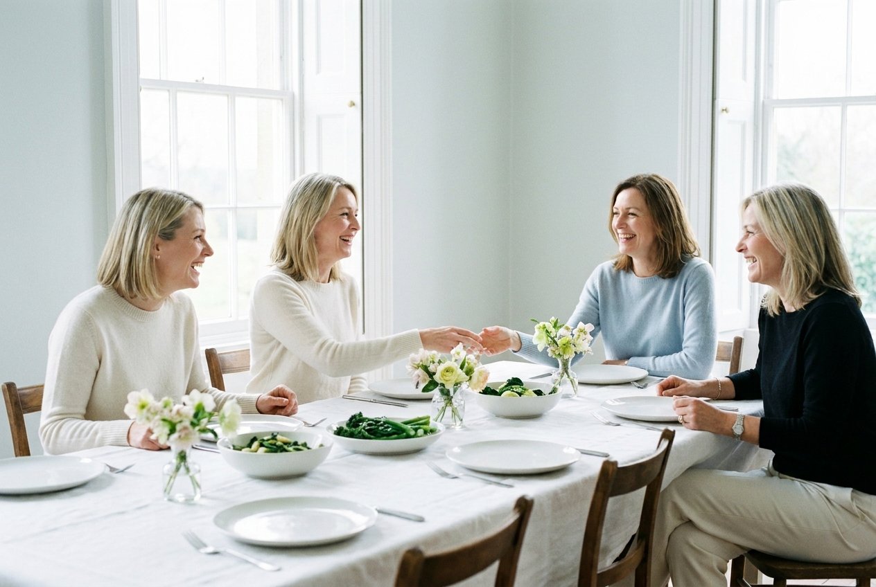 Four women gathered around an elegant table for a relaxed autumn lunch, laughing together