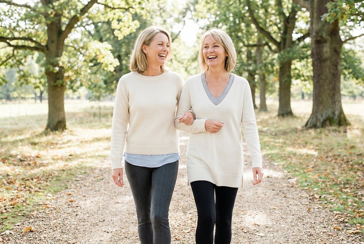 Two friends walking briskly together through estate parkland, talking and laughing