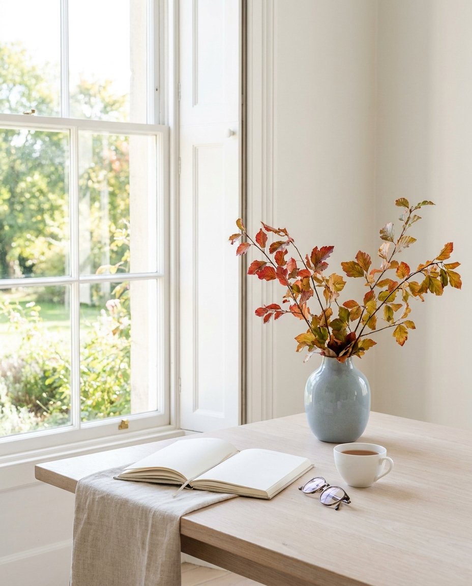 An open journal, a cup of tea and a vase of branches beside a tall window in soft morning light